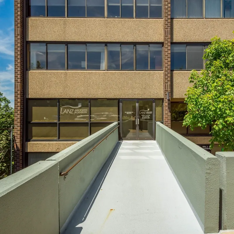 The building at 750 Washington Road, seen from the entrance walkway.